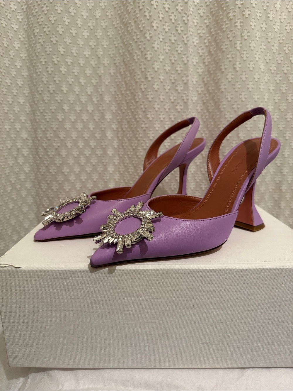 36.5 Amina Muaddi Lavender Crystal Embellished Slingback Pumps
